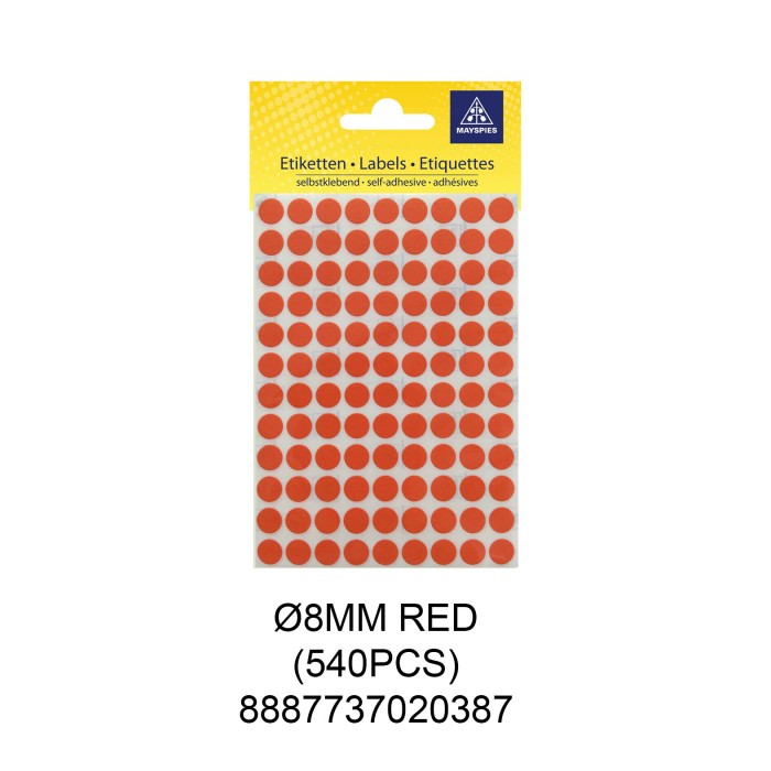 MAYSPIES MS008 COLOUR DOT LABEL / 5 SHEETS/PKT / 540PCS/ ROUND 8MM RED